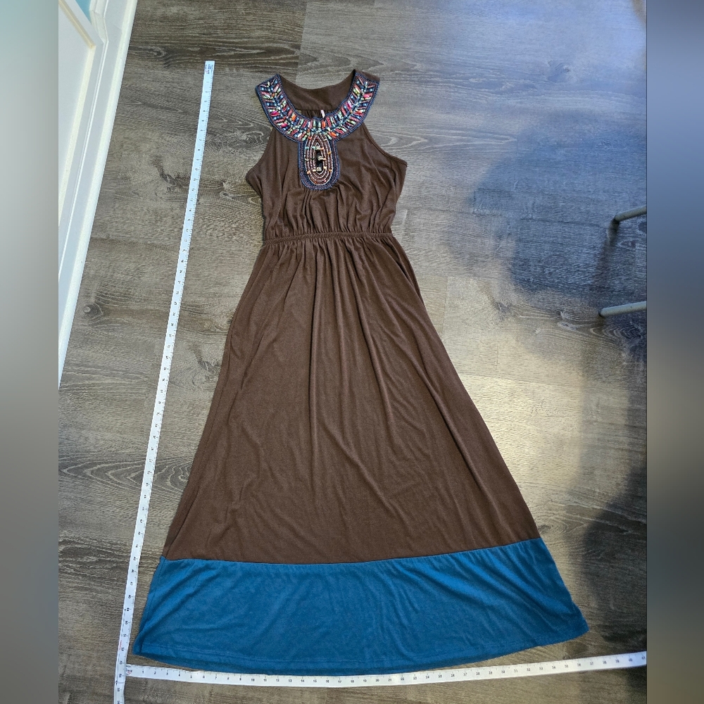 Robin K Brown Maxi Dress with Blue Hem